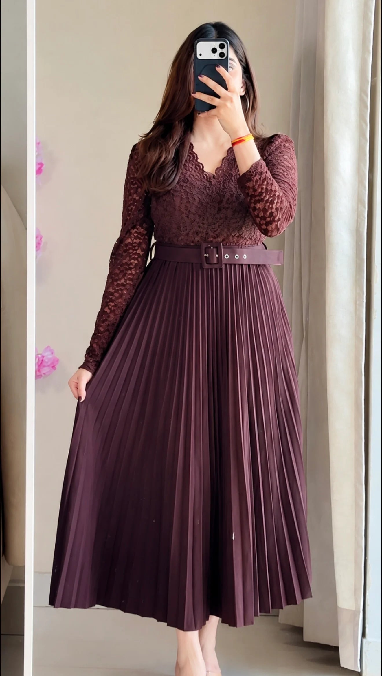 Mocha Brown Pleated Midi Skirt
