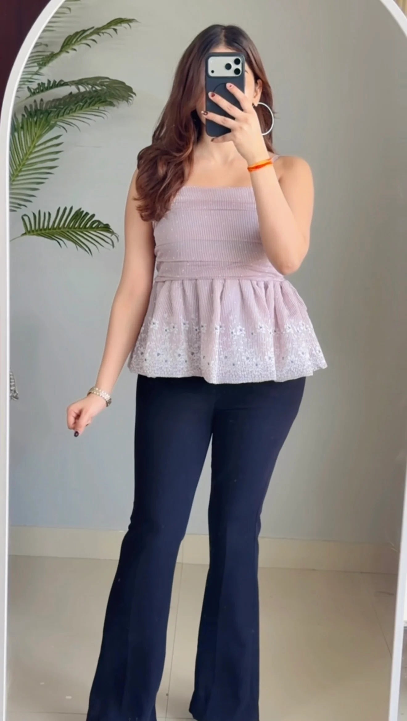 Classy Striped Floral Embroidery Square Neck Top