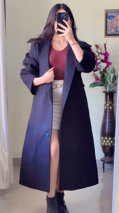 (Size-L ) Black Winter Coat (With Belt) - Wo157
