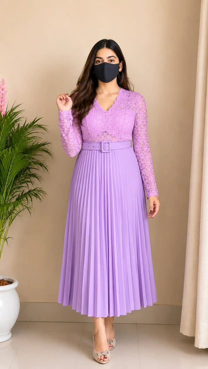 Pink Lace Pleated Co-ord Set with Belt (Top+ Skirt)