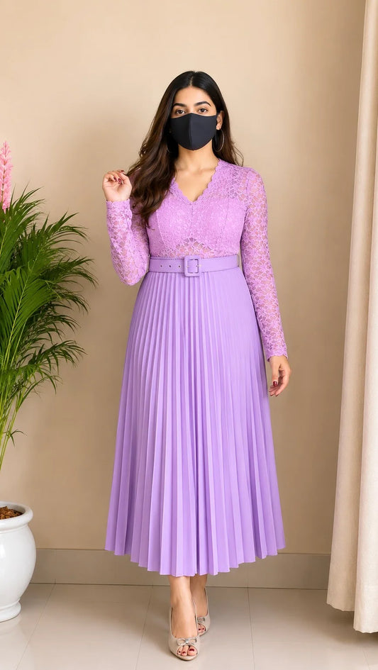 Pink Lace Pleated Co-ord Set with Belt (Top+ Skirt)