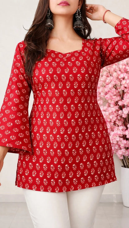 Red Floral Corset Back Short kurti