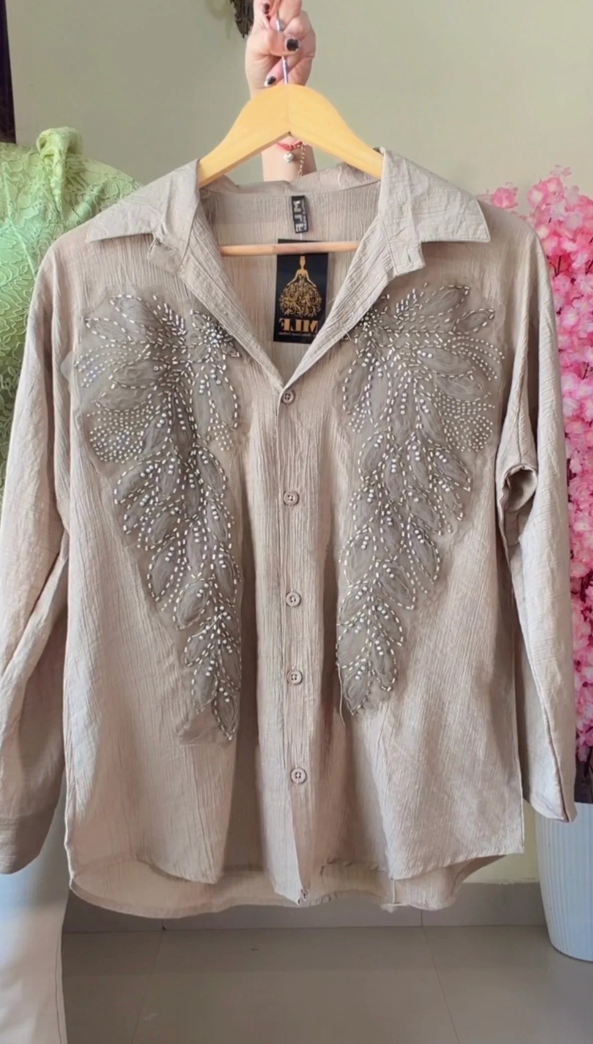 Camel brown leaf Embroidered Premium Shirt