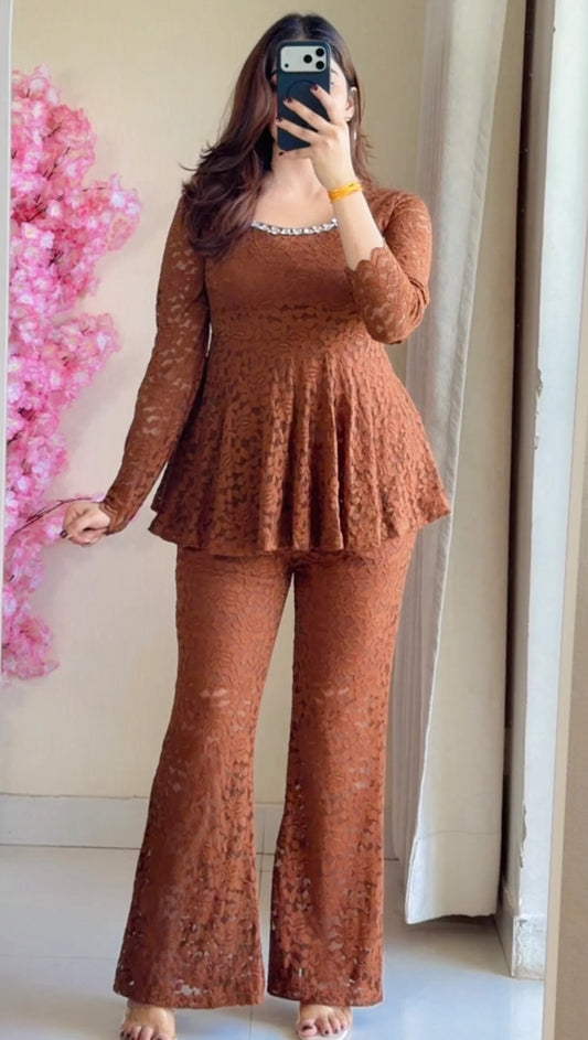 Mocha Brown Lace Peplum Co-ord Set
