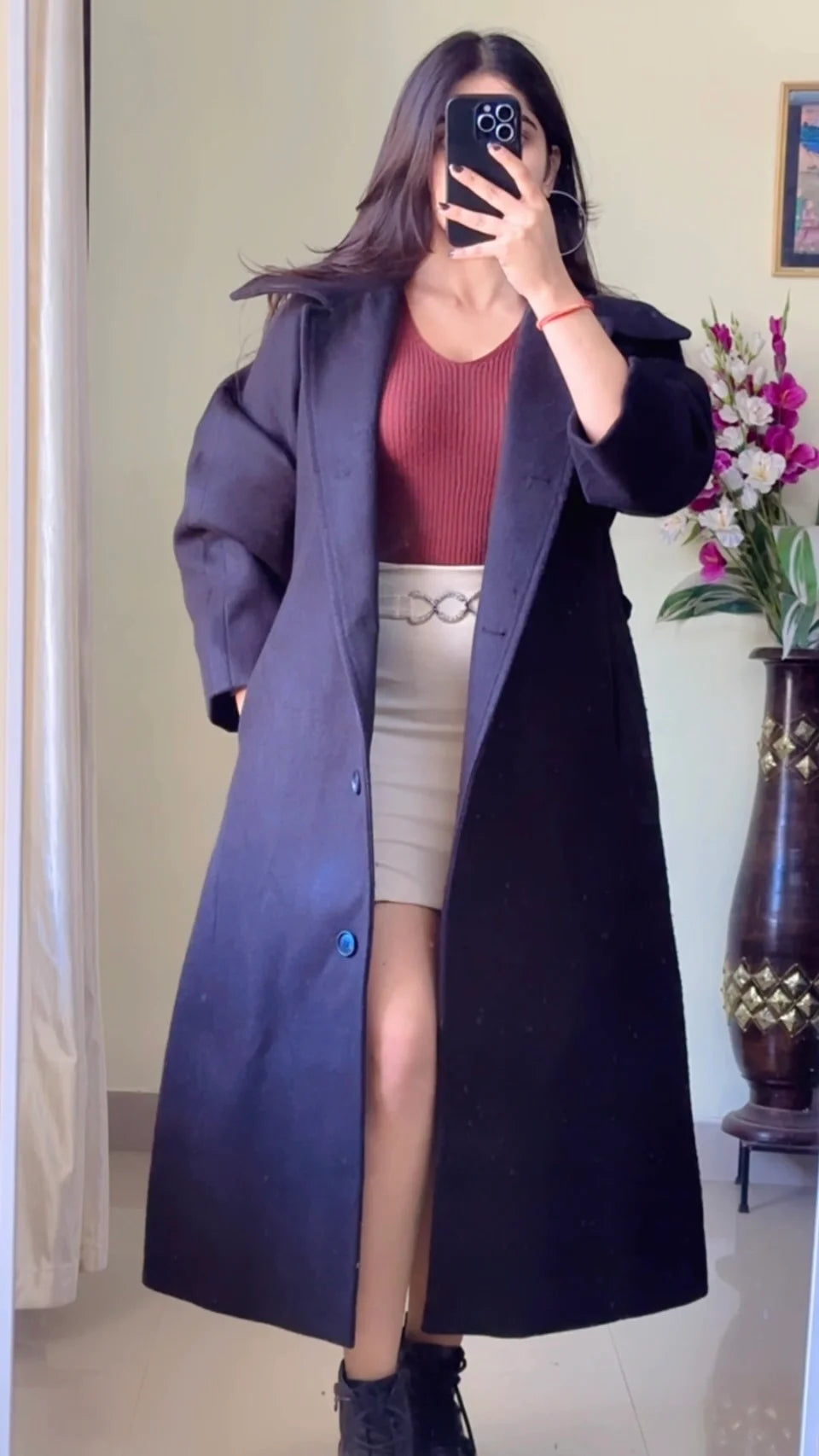 (Size-L ) Black Winter Coat (With Belt) - Wo157