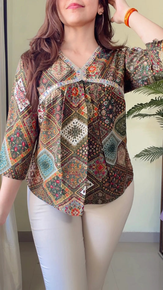 Boho Patchwork V-Neck Top