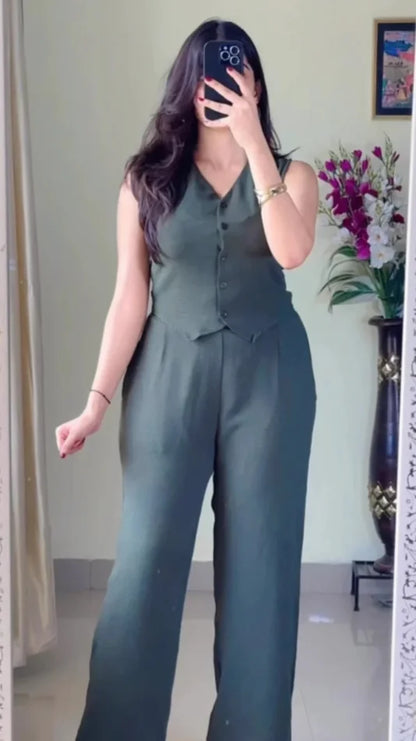 V-Neck Sleeveless Pure Cotton Waistcoat With Trouser-K179