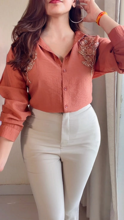 Rust Brown leaf Embroidered Premium Shirt
