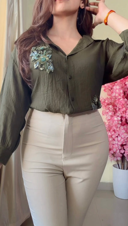 Green leaf Embroidered Premium Shirt