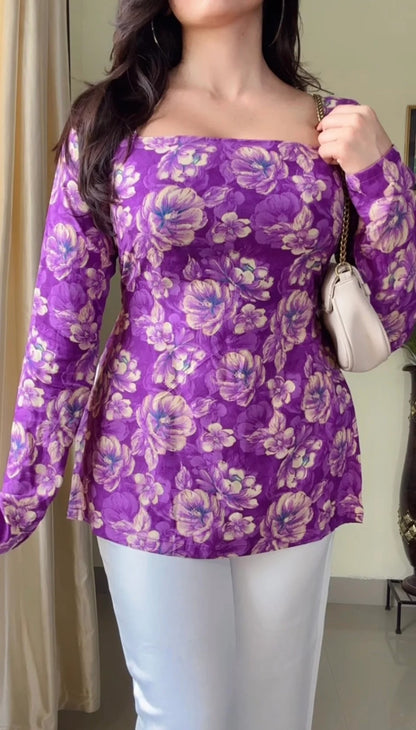 Women Floral Printed Square-Neck Pure Muslin Kurti (Purple) KT-121