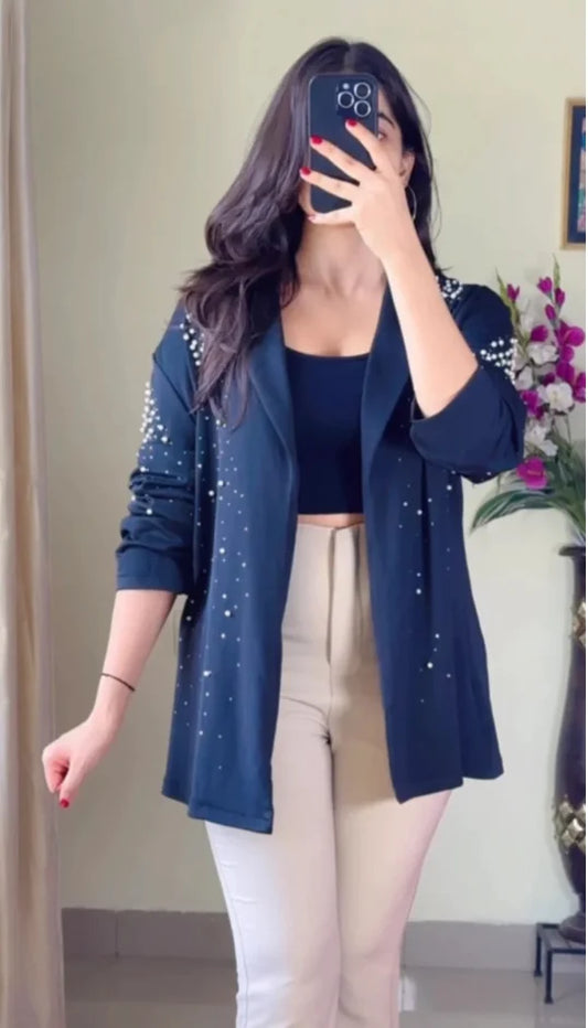Black Embellished Longline Blazer- B5