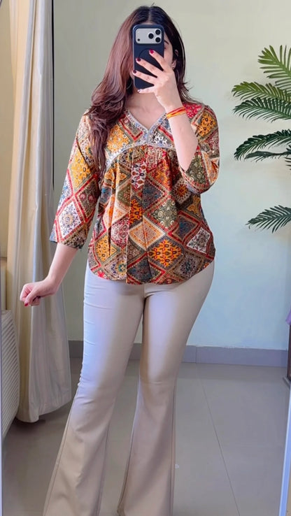 Boho Patchwork V-Neck Top