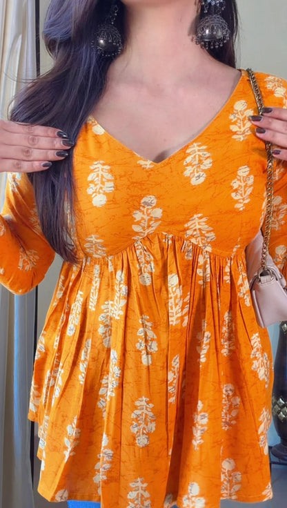 Mustard Yellow Floral Flared Short Kurti