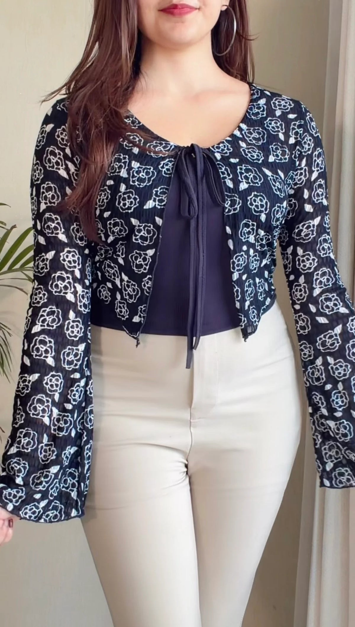 Printed Tie-Front Top with Inner