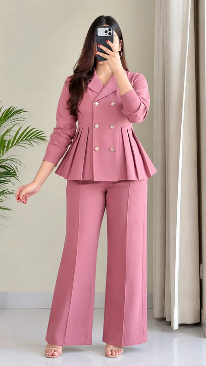 Pleated Double-Breasted Blazer Cord Set