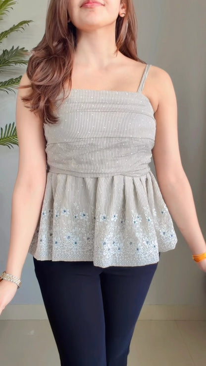 Classy Striped Floral Embroidery Square Neck Top (Copy)