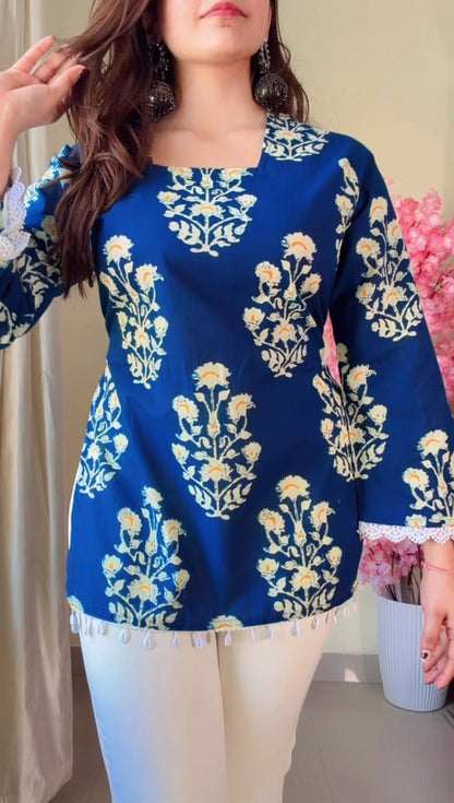Blue Floral Flared Sleeves Short kurti