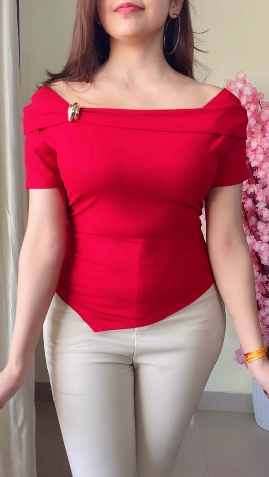 Scarlet Off-Shoulder Asymmetrical Top