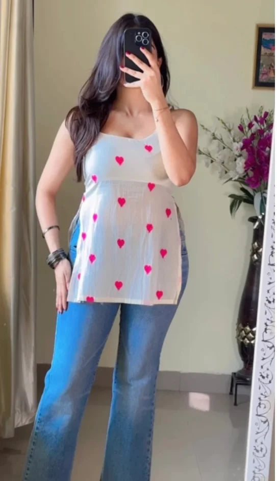 Pink Heart Print Short Kurti (Lining Attached) KT-114