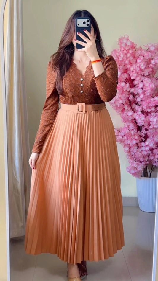 Caramel Brown Pleated Midi Skirt