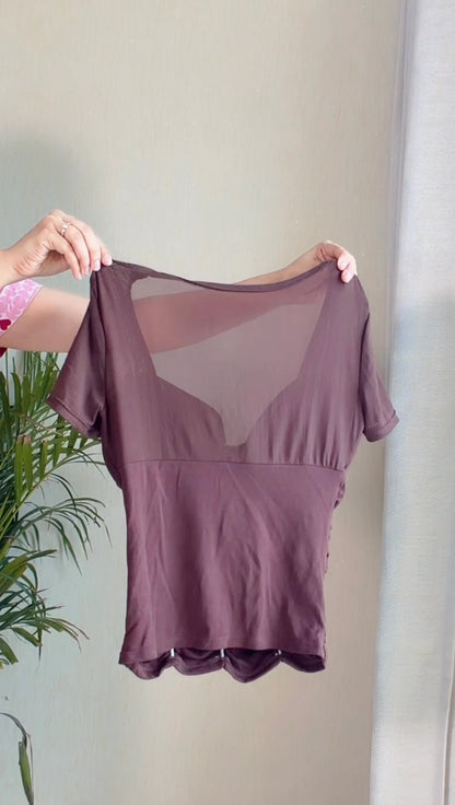 Brown Ruched Mesh Sleeve Padded Top