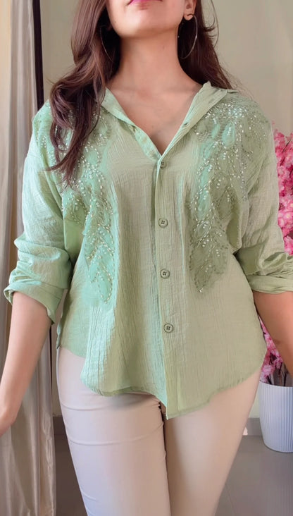 Pastel Green leaf Embroidered Premium Shirt