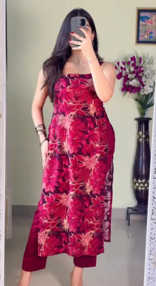 Kurti Set ( Pretty Floral Red Kurti Set)-2piece KT-109