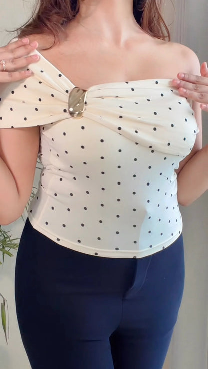 Polka Dot Draped Shoulder Paddec Top