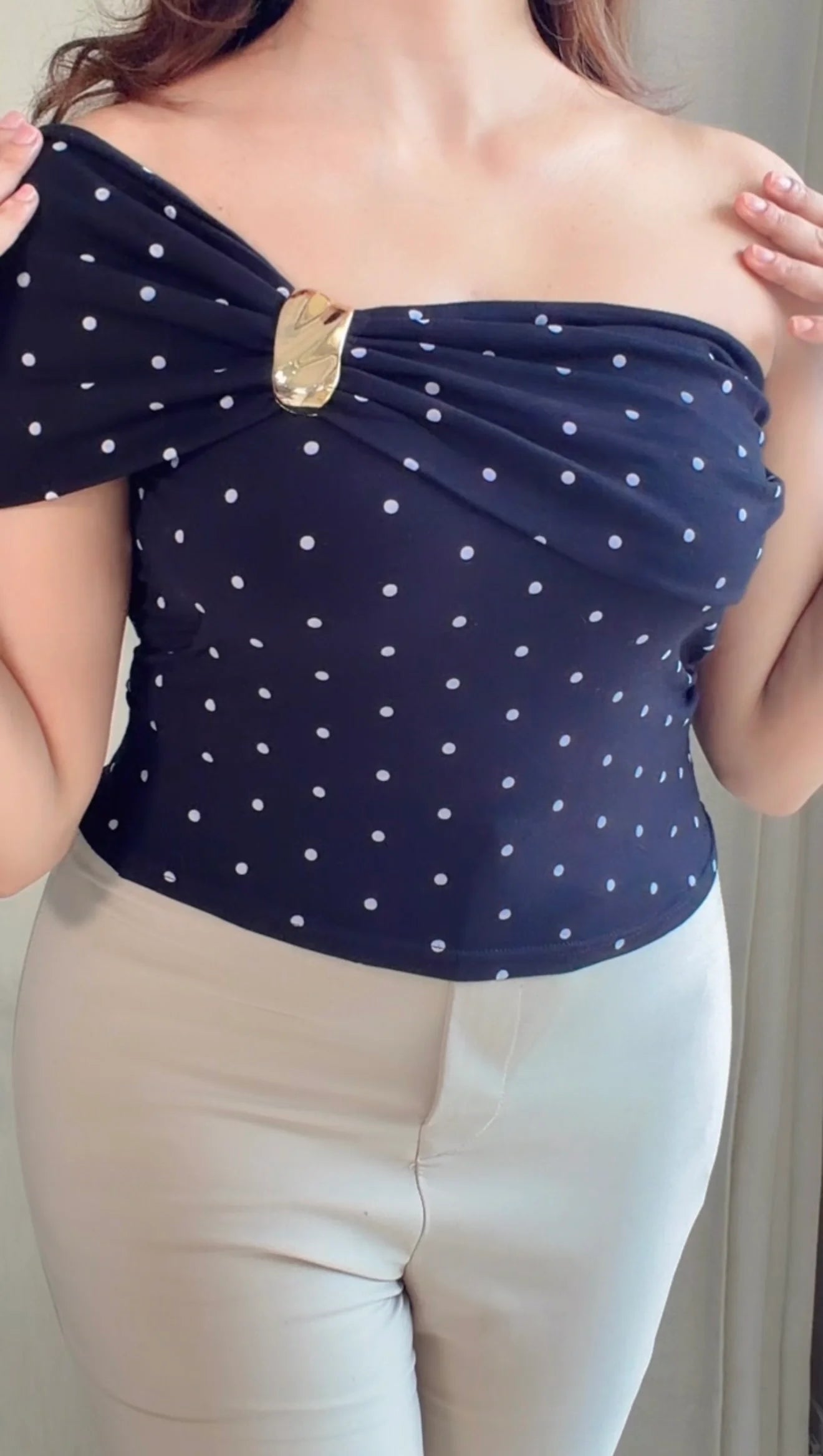 Black Polka Dot Draped Shoulder Padded Top