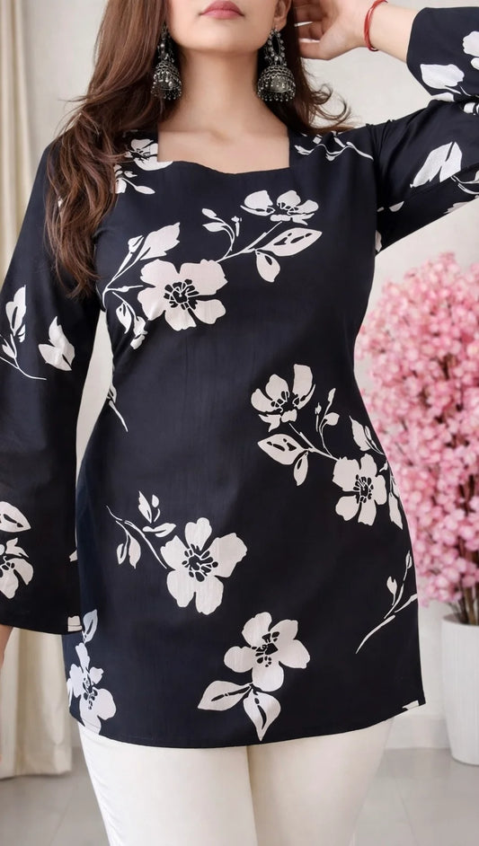 Black Floral Corset Back  Short kurti