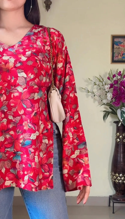 Floral Cherry Red Kurti (KT118)