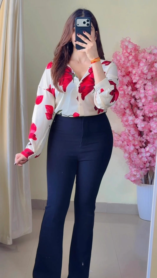 Cherry Red  Floral V-Neck Premium Shirt