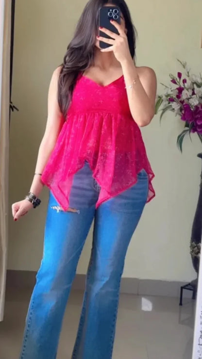 Pink Halter Neck Short Kurti (High Quality) KT-104