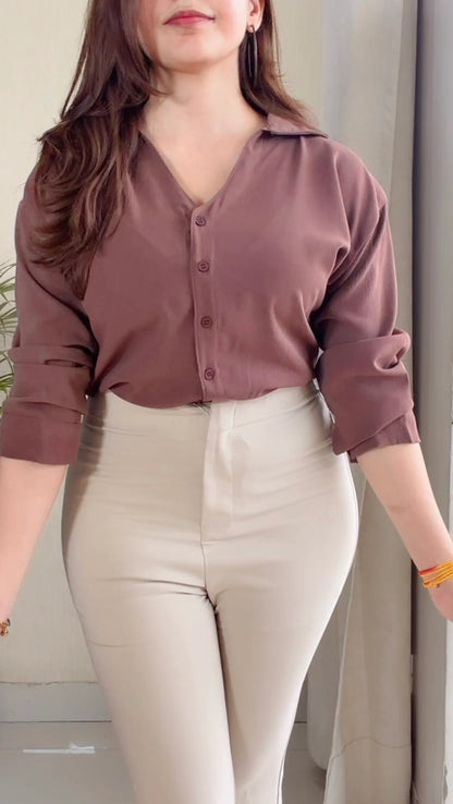 Brown Solid V-Neck Casual Shirt