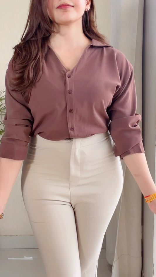 Brown Solid V-Neck Casual Shirt