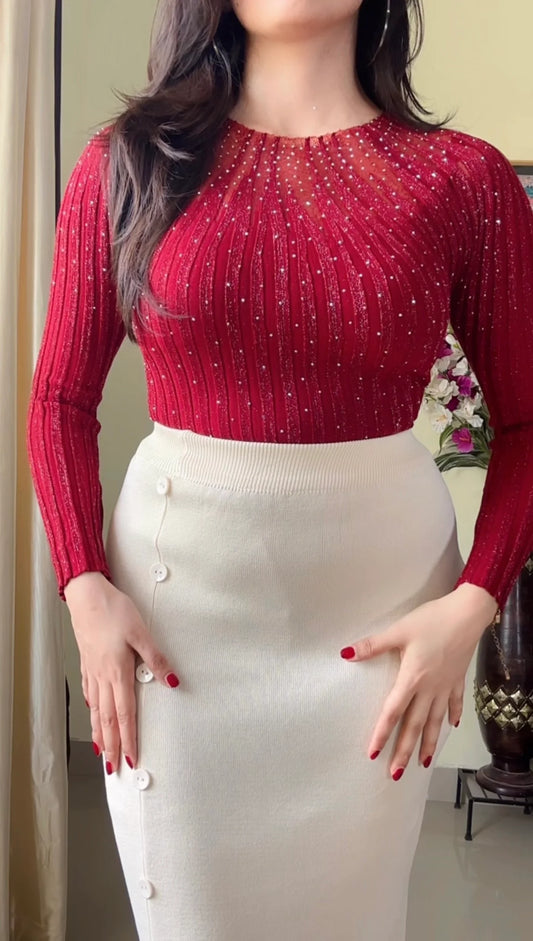 (Size-Free Size) Premium Shimmer  Ribbed Top