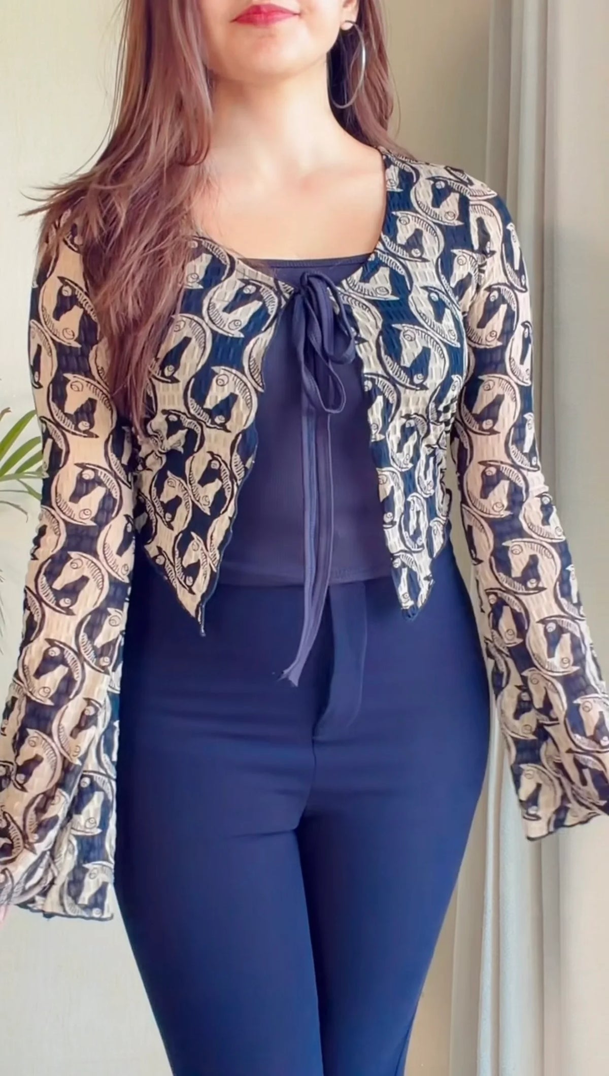 Printed Tie-Front Top with Inner