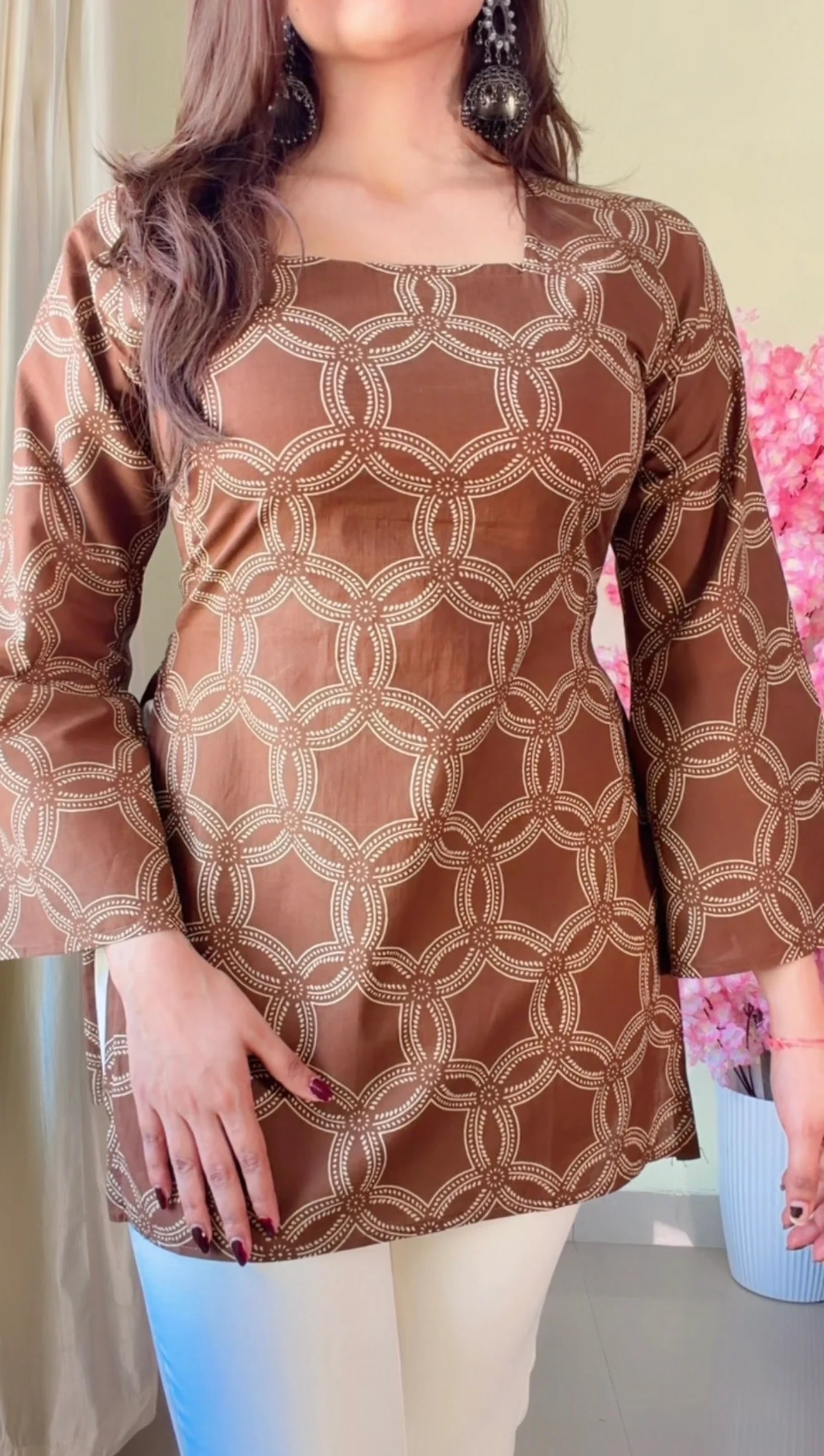 Brown Floral Corset Back Short kurti