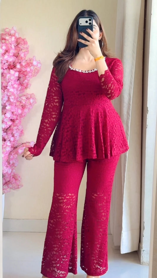 Cherry Red Lace Peplum Co-ord Set