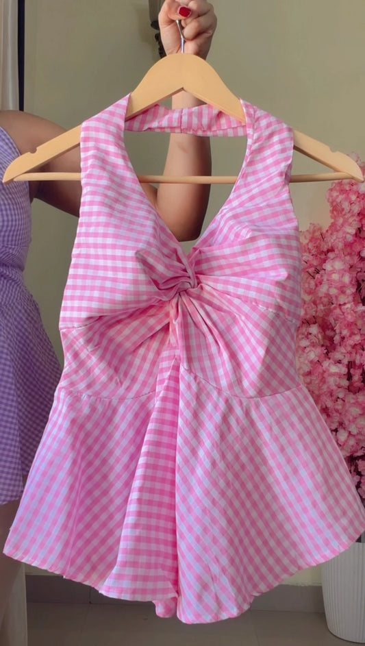 Pink and White Striped Halter Neck Peplum Top