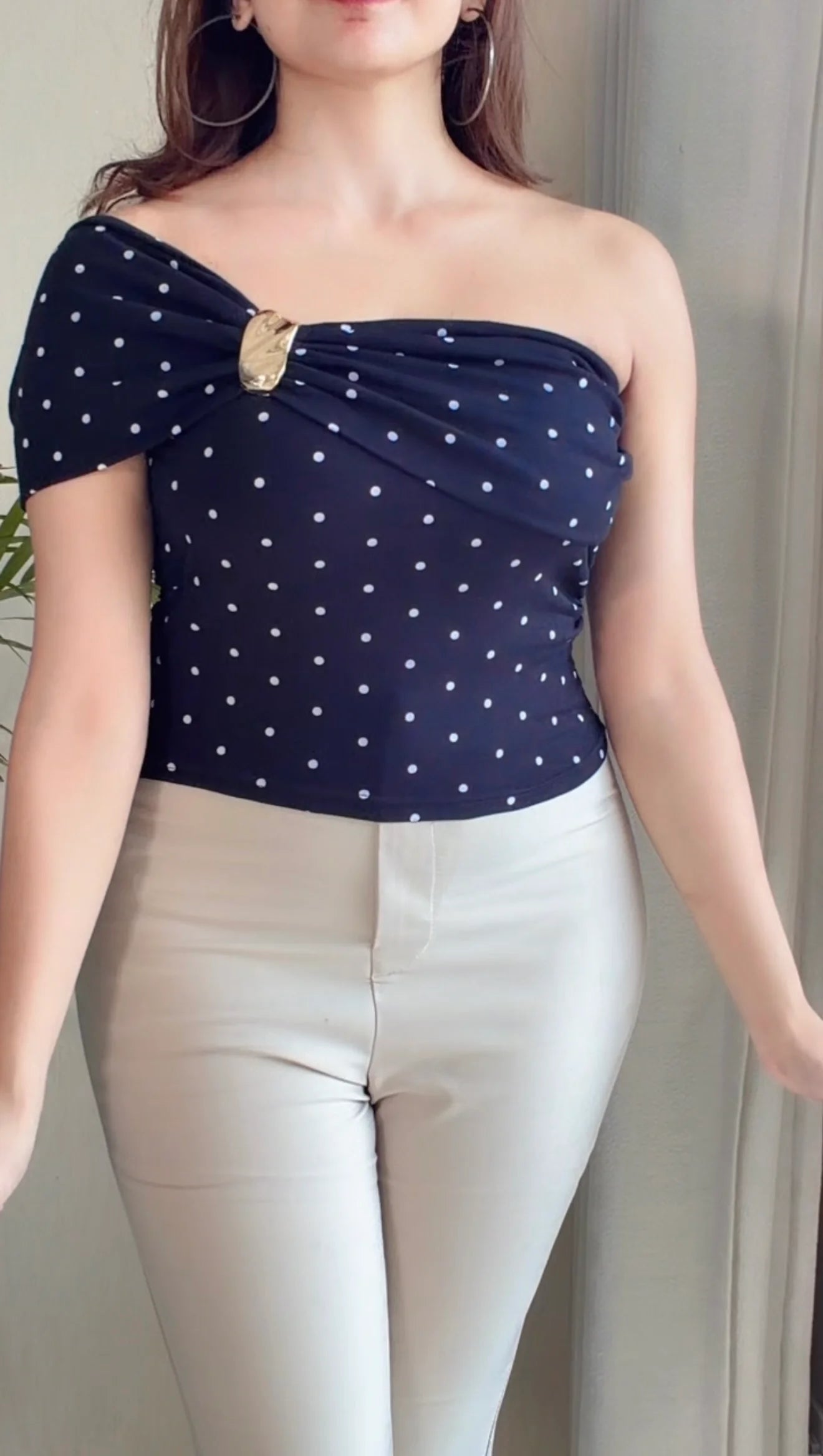 Black Polka Dot Draped Shoulder Padded Top