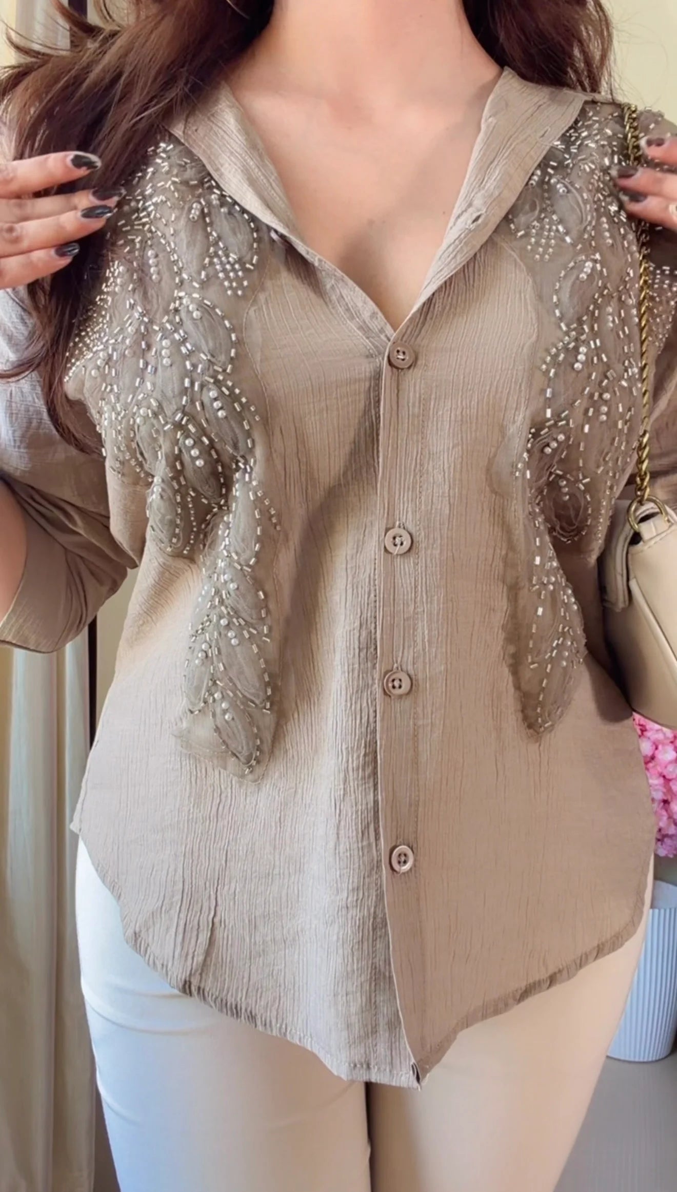 Camel brown leaf Embroidered Premium Shirt