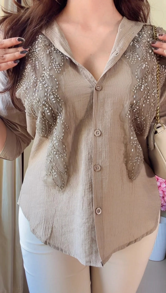 Camel brown leaf Embroidered Premium Shirt