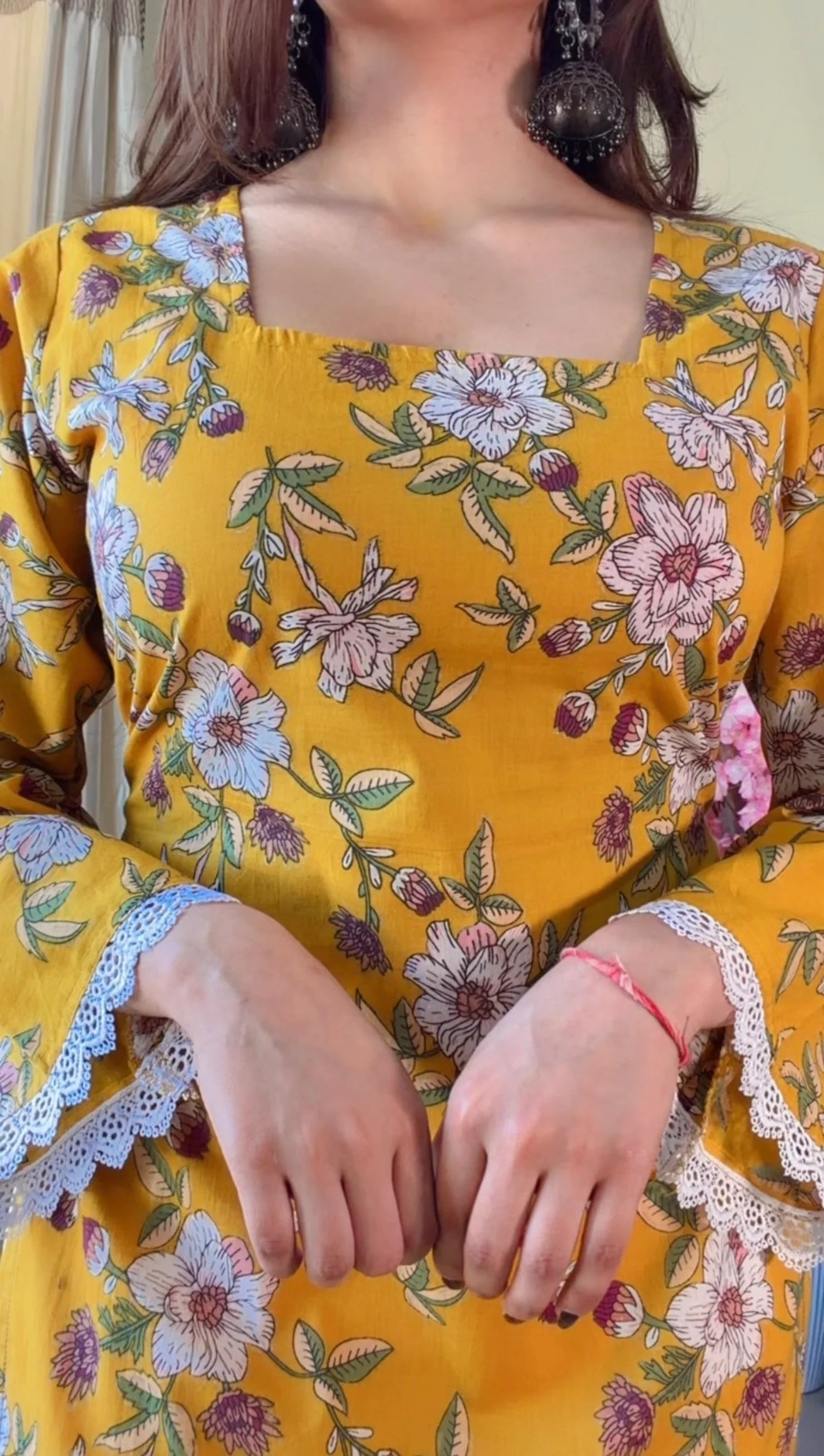 Yellow Floral Flared Sleeves Short kurti