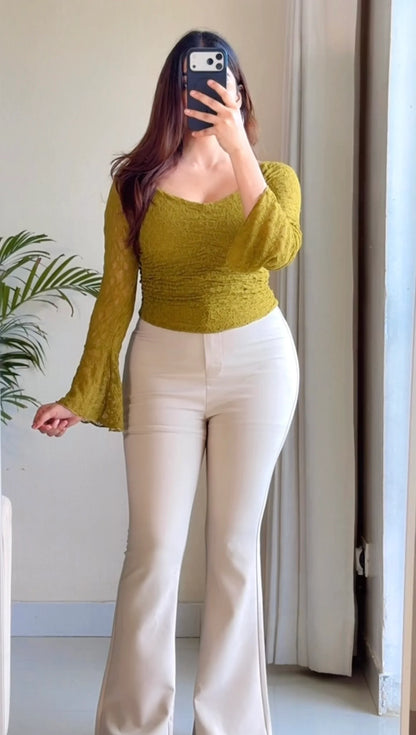 Ruched Lace Bell Sleeve Top
