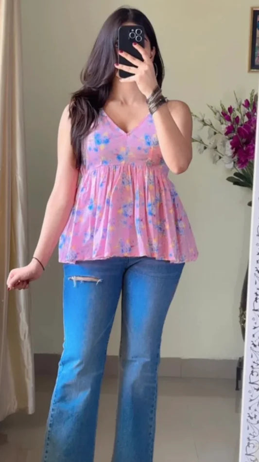 Pink Floral Shoulder Strapped Top KT-103