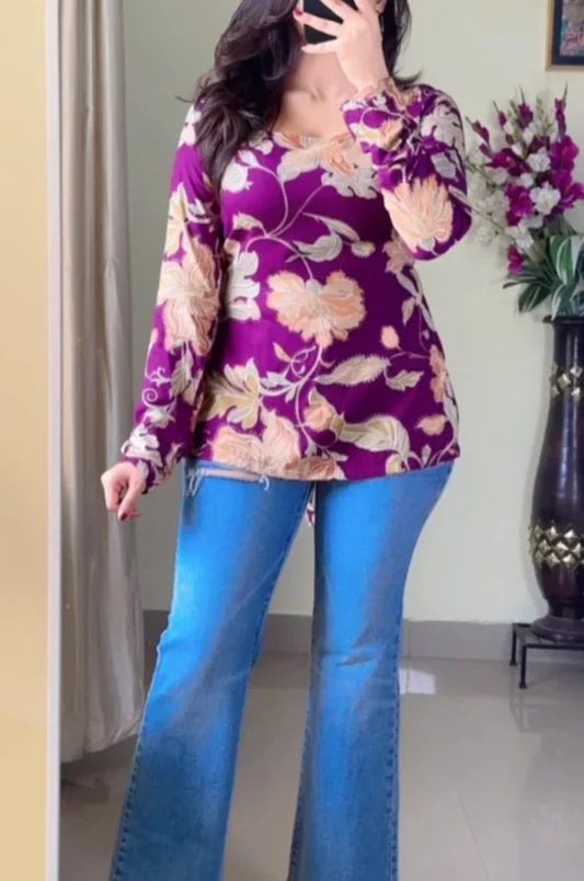 Women Floral Printed Square-Neck Pure Muslin Kurti (Purple) KT-123