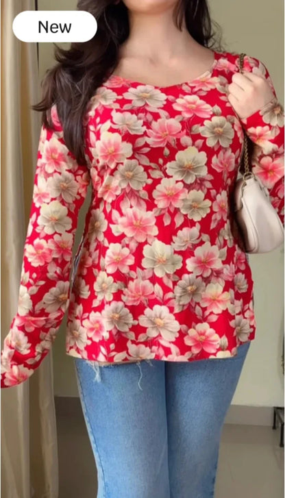 Women Floral Printed V-Neck Pure Muslin Kurti (Cherry Red) KT-117