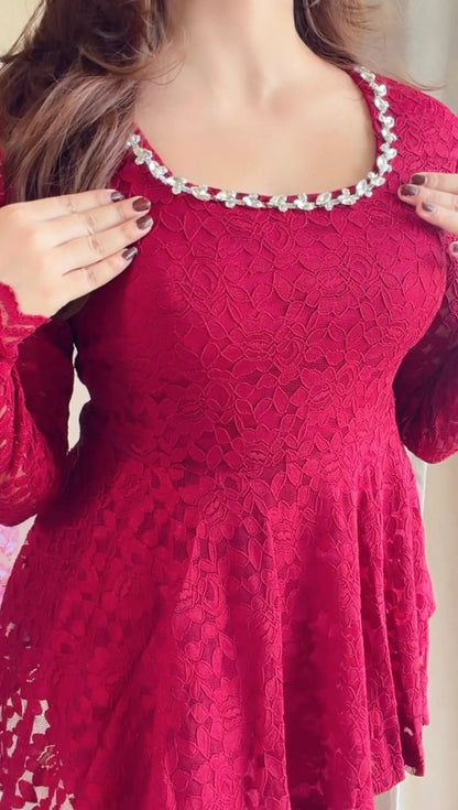 Cherry Red Lace Peplum Co-ord Set