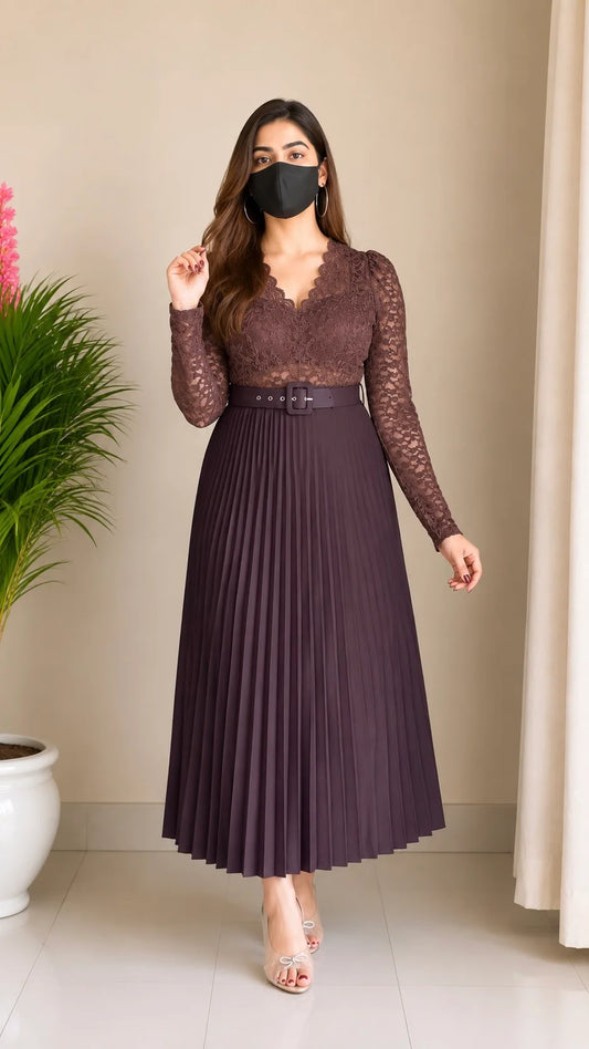 Lace Pleated Co-ord Set with Belt (Padded Top+ Skirt)